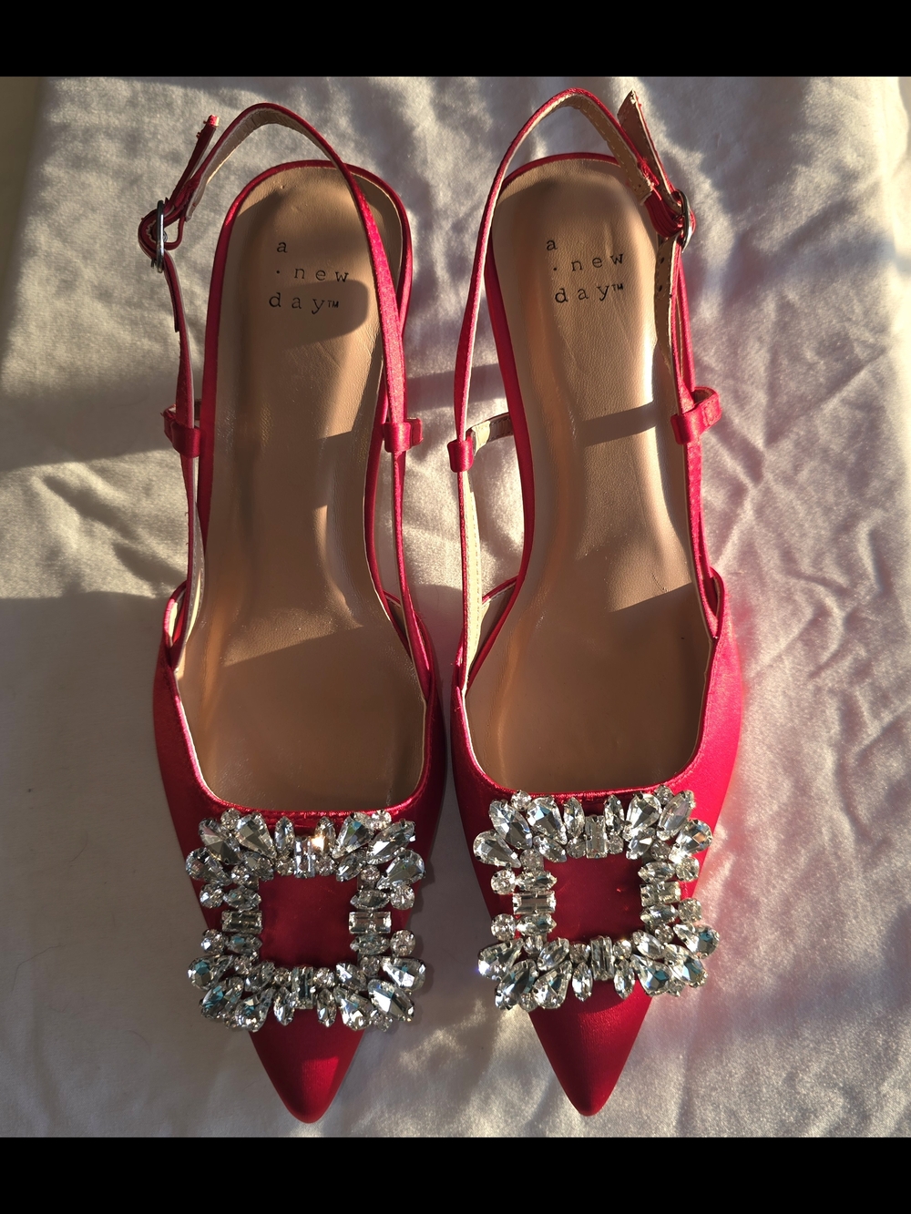 a new day Red Satin Pointed Slingback Heels with Crystal Buckle - Picture 6 of 8